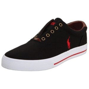 Polo Ralph Lauren Men's Vito Black Canvas Brown Leather Laceless Sneakers Sz 11D